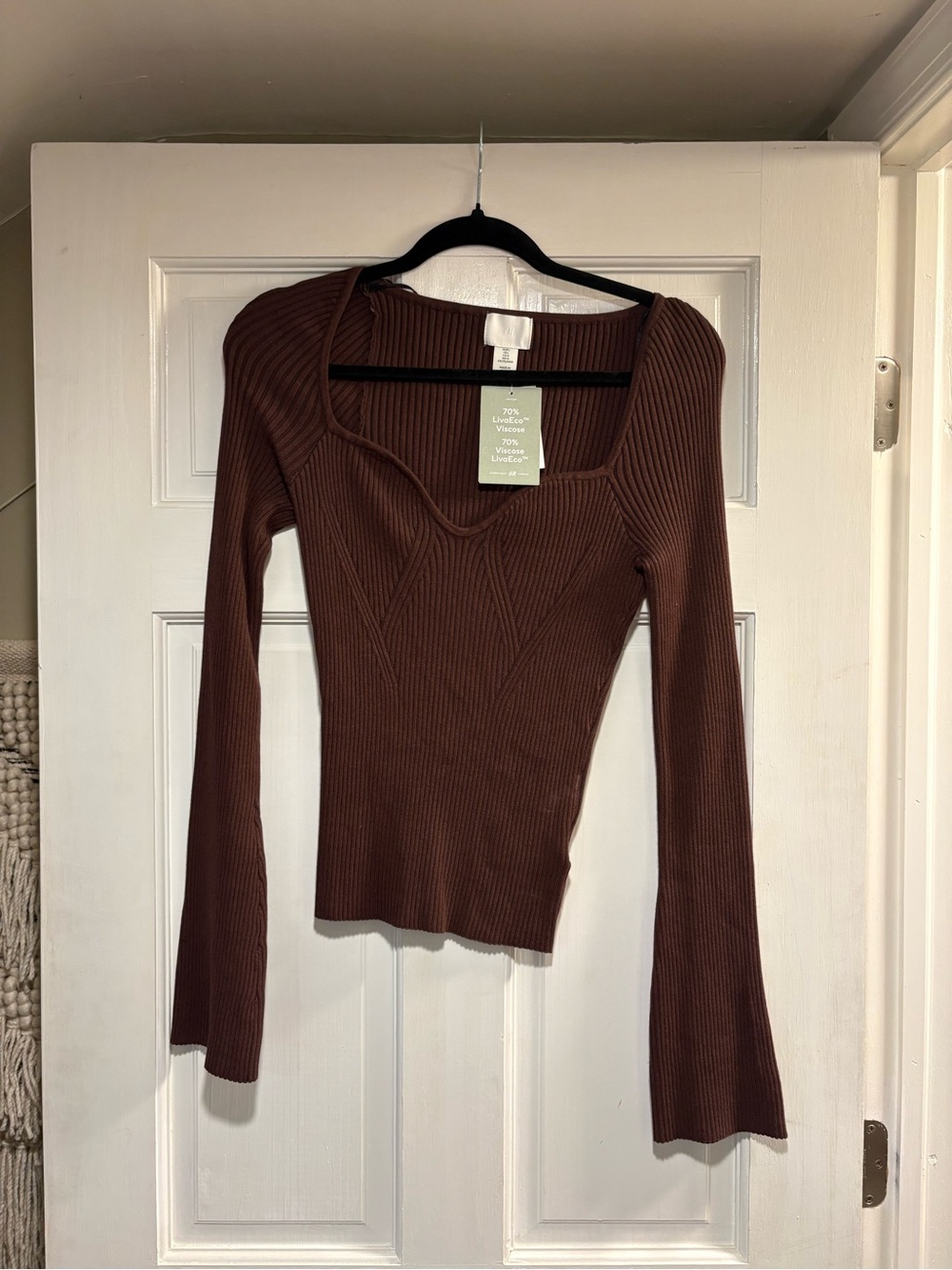 H&M Ribbed Long-Sleeve Square Neck Top in Brown